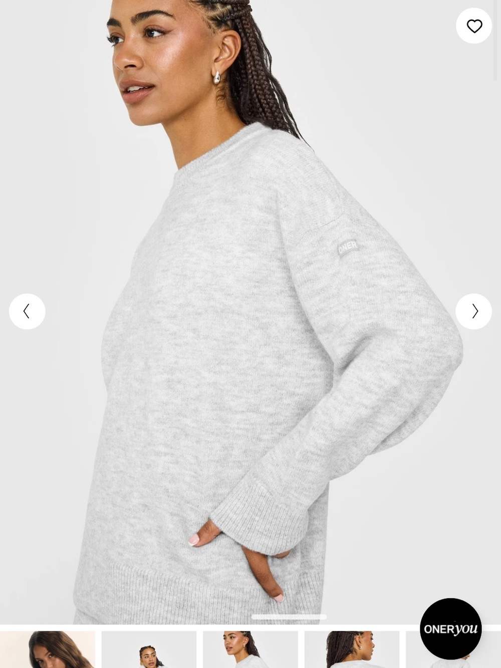 NEW! Oner Active Light Grey Marl Oversized Knit Crew Neck Sweatshirt Medium